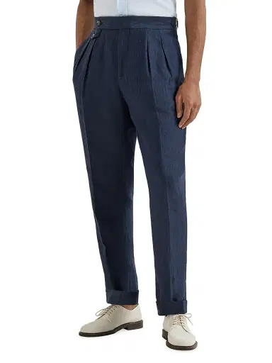 Brunello Cucinelli Men's Lightweight Délavé Linen Trousers with Reversed Double Pleats | Thumbnail 2 Brunello Cucinelli Men's Lightweight Délavé Linen Trousers with Reversed Double Pleats | Thumbnail 2
