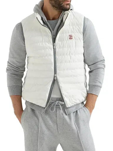 Brunello Cucinelli Men's Bonded Nylon Down Vest with Logo and Packable Hood - Off White | Thumbnail 2 Brunello Cucinelli Men's Bonded Nylon Down Vest with Logo and Packable Hood - Off White | Thumbnail 2