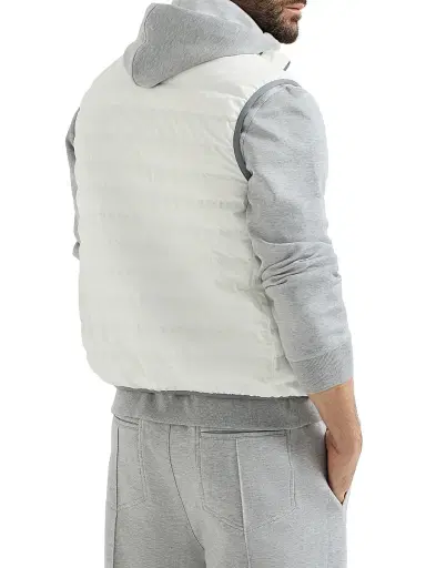 Brunello Cucinelli Men's Bonded Nylon Down Vest with Logo and Packable Hood - Off White | Thumbnail 3 Brunello Cucinelli Men's Bonded Nylon Down Vest with Logo and Packable Hood - Off White | Thumbnail 3