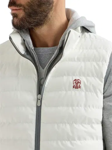 Brunello Cucinelli Men's Bonded Nylon Down Vest with Logo and Packable Hood - Off White | Thumbnail 4 Brunello Cucinelli Men's Bonded Nylon Down Vest with Logo and Packable Hood - Off White | Thumbnail 4