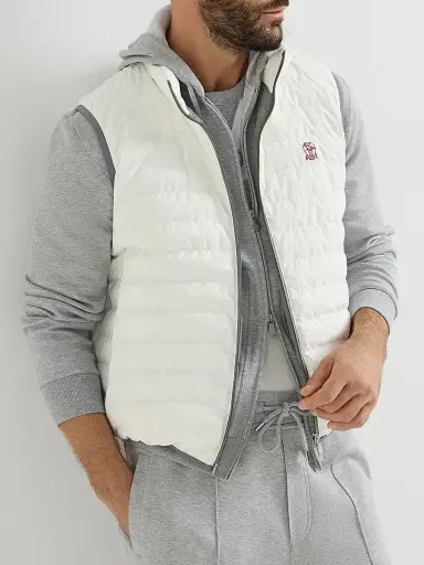 Brunello Cucinelli Men's Bonded Nylon Down Vest with Logo and Packable Hood - Off White | Thumbnail 5 Brunello Cucinelli Men's Bonded Nylon Down Vest with Logo and Packable Hood - Off White | Thumbnail 5