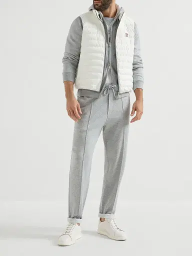 Brunello Cucinelli Men's Bonded Nylon Down Vest with Logo and Packable Hood - Off White | Thumbnail 6 Brunello Cucinelli Men's Bonded Nylon Down Vest with Logo and Packable Hood - Off White | Thumbnail 6