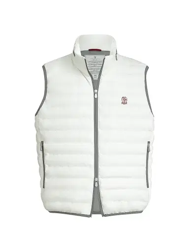 Brunello Cucinelli Men's Bonded Nylon Down Vest with Logo and Packable Hood - Off White | Thumbnail 1 Brunello Cucinelli Men's Bonded Nylon Down Vest with Logo and Packable Hood - Off White | Thumbnail 1