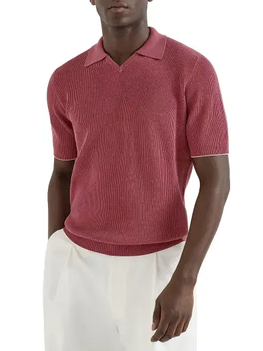 Brunello Cucinelli Men's Cotton English Rib Knit Polo Shirt - Coral | Thumbnail 2 Brunello Cucinelli Men's Cotton English Rib Knit Polo Shirt - Coral | Thumbnail 2