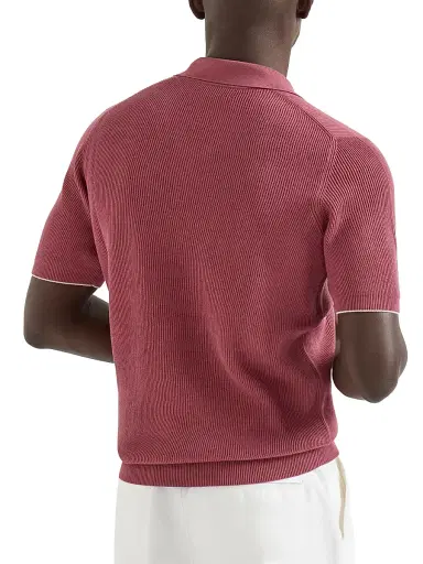 Brunello Cucinelli Men's Cotton English Rib Knit Polo Shirt - Coral | Thumbnail 3 Brunello Cucinelli Men's Cotton English Rib Knit Polo Shirt - Coral | Thumbnail 3