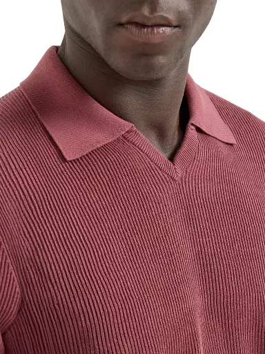 Brunello Cucinelli Men's Cotton English Rib Knit Polo Shirt - Coral | Thumbnail 5 Brunello Cucinelli Men's Cotton English Rib Knit Polo Shirt - Coral | Thumbnail 5