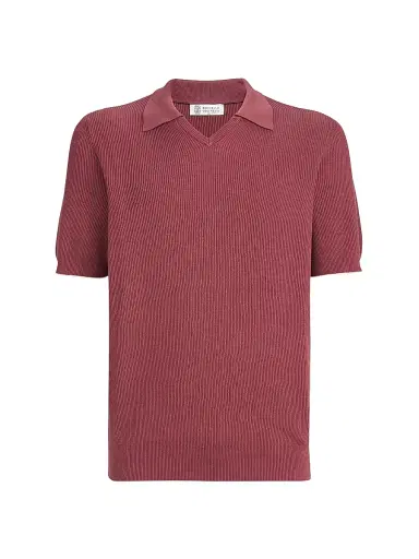 Brunello Cucinelli Men's Cotton English Rib Knit Polo Shirt - Coral | Thumbnail 1 Brunello Cucinelli Men's Cotton English Rib Knit Polo Shirt - Coral | Thumbnail 1