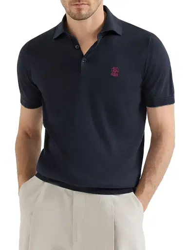 Brunello Cucinelli Men's Cotton Lightweight Knit Polo Shirt with Logo - Navy Blue | Thumbnail 2 Brunello Cucinelli Men's Cotton Lightweight Knit Polo Shirt with Logo - Navy Blue | Thumbnail 2