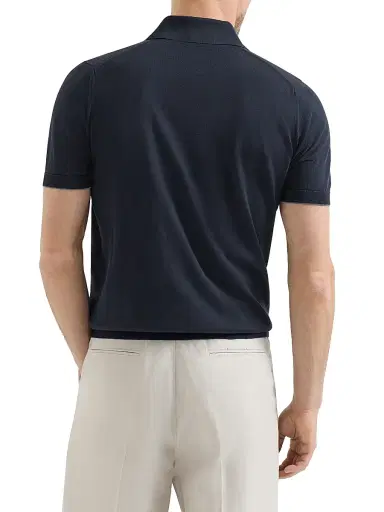 Brunello Cucinelli Men's Cotton Lightweight Knit Polo Shirt with Logo - Navy Blue | Thumbnail 3 Brunello Cucinelli Men's Cotton Lightweight Knit Polo Shirt with Logo - Navy Blue | Thumbnail 3