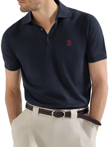 Brunello Cucinelli Men's Cotton Lightweight Knit Polo Shirt with Logo - Navy Blue | Thumbnail 4 Brunello Cucinelli Men's Cotton Lightweight Knit Polo Shirt with Logo - Navy Blue | Thumbnail 4