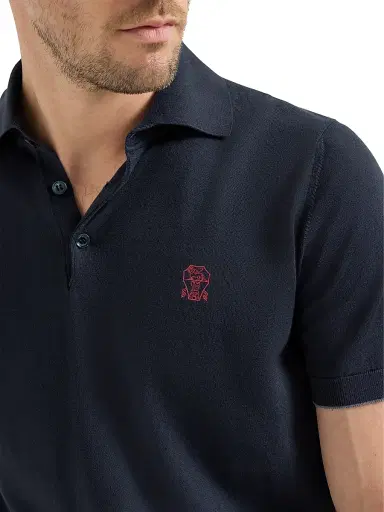 Brunello Cucinelli Men's Cotton Lightweight Knit Polo Shirt with Logo - Navy Blue | Thumbnail 5 Brunello Cucinelli Men's Cotton Lightweight Knit Polo Shirt with Logo - Navy Blue | Thumbnail 5