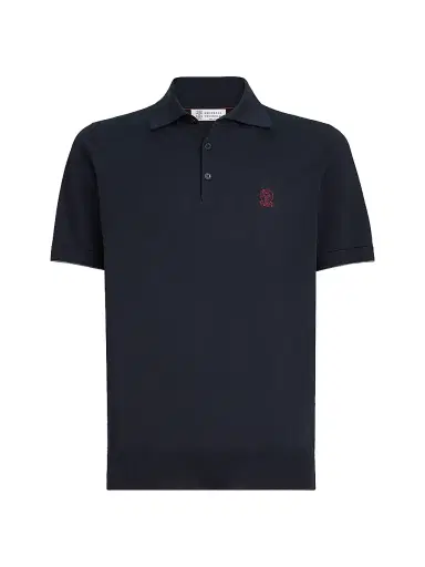 Brunello Cucinelli Men's Cotton Lightweight Knit Polo Shirt with Logo - Navy Blue | Thumbnail 1 Brunello Cucinelli Men's Cotton Lightweight Knit Polo Shirt with Logo - Navy Blue | Thumbnail 1