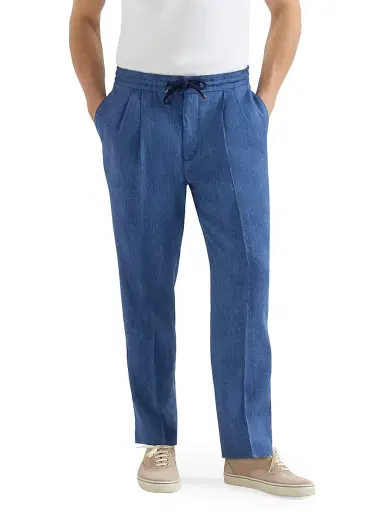 Brunello Cucinelli Men's Linen and Virgin Wool Chevron Trousers with Drawstring and Double Pleats - Denim | Thumbnail 2 Brunello Cucinelli Men's Linen and Virgin Wool Chevron Trousers with Drawstring and Double Pleats - Denim | Thumbnail 2