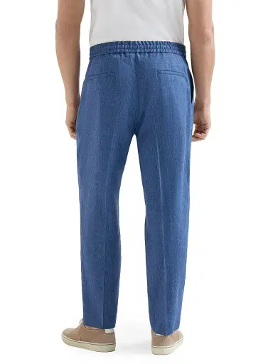 Brunello Cucinelli Men's Linen and Virgin Wool Chevron Trousers with Drawstring and Double Pleats - Denim | Thumbnail 4 Brunello Cucinelli Men's Linen and Virgin Wool Chevron Trousers with Drawstring and Double Pleats - Denim | Thumbnail 4