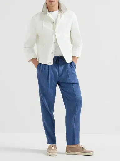 Brunello Cucinelli Men's Linen and Virgin Wool Chevron Trousers with Drawstring and Double Pleats - Denim | Thumbnail 6 Brunello Cucinelli Men's Linen and Virgin Wool Chevron Trousers with Drawstring and Double Pleats - Denim | Thumbnail 6
