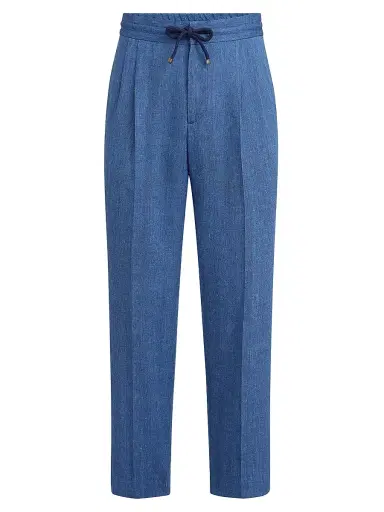 Brunello Cucinelli Men's Linen and Virgin Wool Chevron Trousers with Drawstring and Double Pleats - Denim | Thumbnail 1 Brunello Cucinelli Men's Linen and Virgin Wool Chevron Trousers with Drawstring and Double Pleats - Denim | Thumbnail 1