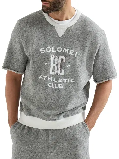 Brunello Cucinelli Men's Cotton and Linen Mélange French Terry Short Sleeve Sweatshirt - Grey | Thumbnail 2 Brunello Cucinelli Men's Cotton and Linen Mélange French Terry Short Sleeve Sweatshirt - Grey | Thumbnail 2