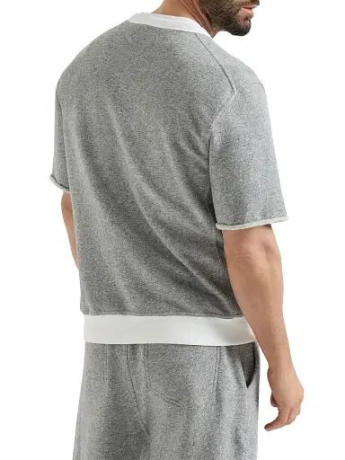 Brunello Cucinelli Men's Cotton and Linen Mélange French Terry Short Sleeve Sweatshirt - Grey | Thumbnail 3 Brunello Cucinelli Men's Cotton and Linen Mélange French Terry Short Sleeve Sweatshirt - Grey | Thumbnail 3