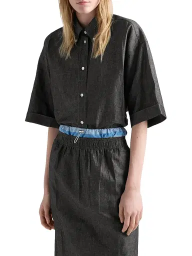 Prada Women's Short-Sleeved Chambray Shirt - Blue Black - Size 8 | Thumbnail 2 Prada Women's Short-Sleeved Chambray Shirt - Blue Black - Size 8 | Thumbnail 2