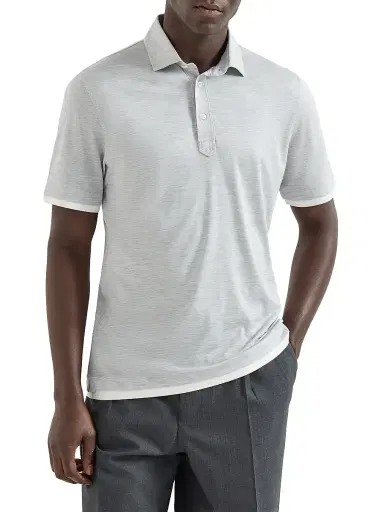 Brunello Cucinelli Men's Silk and Cotton Jersey Shirt Style Collar Polo with Faux Layering - Pearl Grey | Thumbnail 2 Brunello Cucinelli Men's Silk and Cotton Jersey Shirt Style Collar Polo with Faux Layering - Pearl Grey | Thumbnail 2