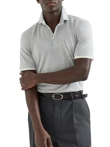 Brunello Cucinelli Men's Silk and Cotton Jersey Shirt Style Collar Polo with Faux Layering - Pearl Grey | Thumbnail 4 Brunello Cucinelli Men's Silk and Cotton Jersey Shirt Style Collar Polo with Faux Layering - Pearl Grey | Thumbnail 4