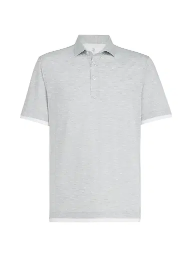 Brunello Cucinelli Men's Silk and Cotton Jersey Shirt Style Collar Polo with Faux Layering - Pearl Grey | Thumbnail 1 Brunello Cucinelli Men's Silk and Cotton Jersey Shirt Style Collar Polo with Faux Layering - Pearl Grey | Thumbnail 1