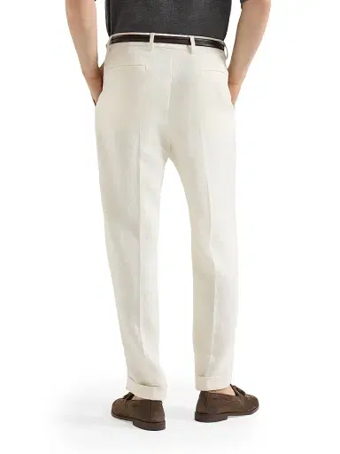 Brunello Cucinelli Men's Silk, Linen and Wool Hopsack Pleated Trousers - Off White | Thumbnail 3 Brunello Cucinelli Men's Silk, Linen and Wool Hopsack Pleated Trousers - Off White | Thumbnail 3