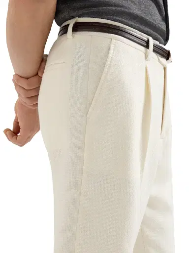 Brunello Cucinelli Men's Silk, Linen and Wool Hopsack Pleated Trousers - Off White | Thumbnail 4 Brunello Cucinelli Men's Silk, Linen and Wool Hopsack Pleated Trousers - Off White | Thumbnail 4