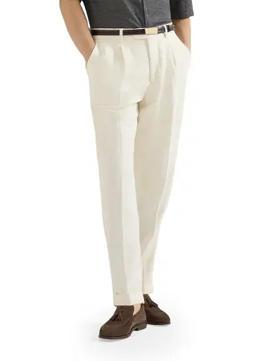 Brunello Cucinelli Men's Silk, Linen and Wool Hopsack Pleated Trousers - Off White | Thumbnail 5 Brunello Cucinelli Men's Silk, Linen and Wool Hopsack Pleated Trousers - Off White | Thumbnail 5