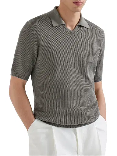 Brunello Cucinelli Men's Cotton English Rib Knit Polo Shirt | Thumbnail 2 Brunello Cucinelli Men's Cotton English Rib Knit Polo Shirt | Thumbnail 2