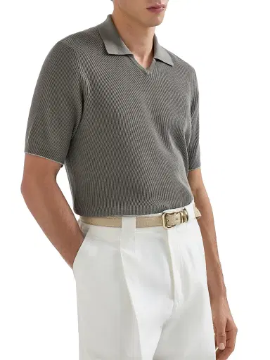 Brunello Cucinelli Men's Cotton English Rib Knit Polo Shirt | Thumbnail 5 Brunello Cucinelli Men's Cotton English Rib Knit Polo Shirt | Thumbnail 5