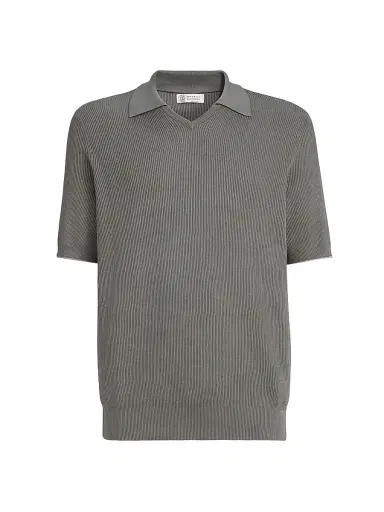 Brunello Cucinelli Men's Cotton English Rib Knit Polo Shirt | Thumbnail 1 Brunello Cucinelli Men's Cotton English Rib Knit Polo Shirt | Thumbnail 1