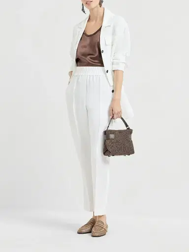 Brunello Cucinelli Women's Viscose and Linen Fluid Twill Baggy Pull on Trousers - White | Thumbnail 6 Brunello Cucinelli Women's Viscose and Linen Fluid Twill Baggy Pull on Trousers - White | Thumbnail 6