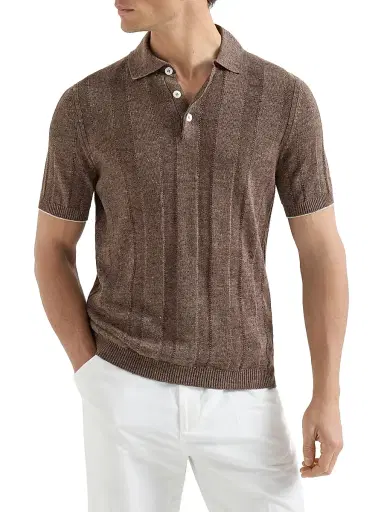 Brunello Cucinelli Men's Linen and Cotton Wide Rib Knit Polo Shirt | Thumbnail 2 Brunello Cucinelli Men's Linen and Cotton Wide Rib Knit Polo Shirt | Thumbnail 2