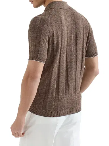 Brunello Cucinelli Men's Linen and Cotton Wide Rib Knit Polo Shirt | Thumbnail 3 Brunello Cucinelli Men's Linen and Cotton Wide Rib Knit Polo Shirt | Thumbnail 3