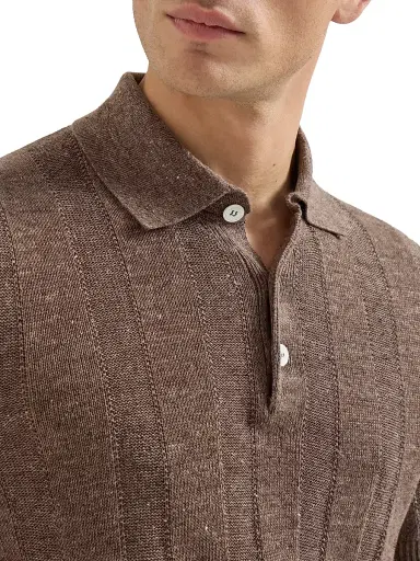Brunello Cucinelli Men's Linen and Cotton Wide Rib Knit Polo Shirt | Thumbnail 4 Brunello Cucinelli Men's Linen and Cotton Wide Rib Knit Polo Shirt | Thumbnail 4
