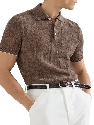 Brunello Cucinelli Men's Linen and Cotton Wide Rib Knit Polo Shirt | Thumbnail 5 Brunello Cucinelli Men's Linen and Cotton Wide Rib Knit Polo Shirt | Thumbnail 5