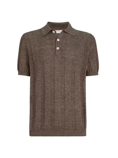 Brunello Cucinelli Men's Linen and Cotton Wide Rib Knit Polo Shirt | Thumbnail 1 Brunello Cucinelli Men's Linen and Cotton Wide Rib Knit Polo Shirt | Thumbnail 1