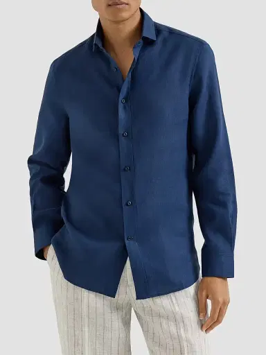Brunello Cucinelli Men's Linen Easy Fit Shirt with Spread Collar | Thumbnail 2 Brunello Cucinelli Men's Linen Easy Fit Shirt with Spread Collar | Thumbnail 2
