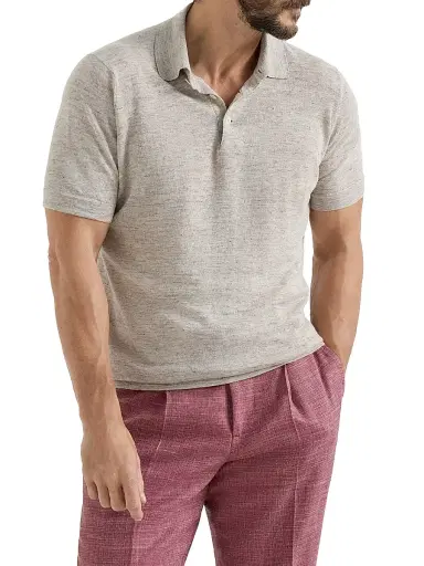 Brunello Cucinelli Men's Linen and Cotton Knit Polo Shirt | Thumbnail 2 Brunello Cucinelli Men's Linen and Cotton Knit Polo Shirt | Thumbnail 2