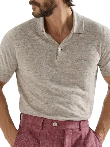 Brunello Cucinelli Men's Linen and Cotton Knit Polo Shirt | Thumbnail 5 Brunello Cucinelli Men's Linen and Cotton Knit Polo Shirt | Thumbnail 5