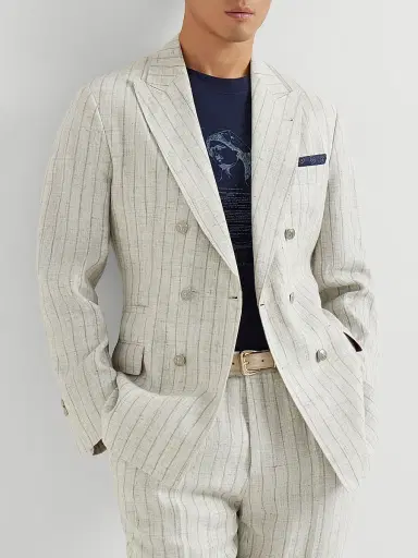 Brunello Cucinelli Men's Chalk Stripe Linen Twill One and a Half Breasted Deconstructed Blazer | Thumbnail 5 Brunello Cucinelli Men's Chalk Stripe Linen Twill One and a Half Breasted Deconstructed Blazer | Thumbnail 5