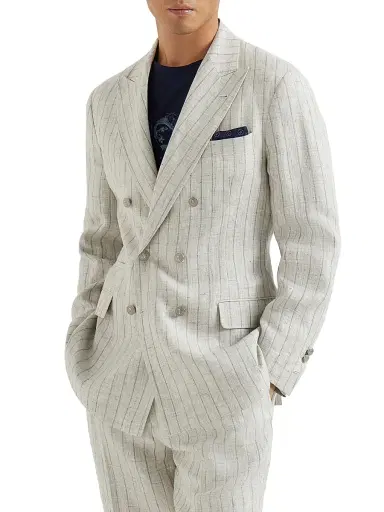 Brunello Cucinelli Men's Chalk Stripe Linen Twill One and a Half Breasted Deconstructed Blazer | Thumbnail 1 Brunello Cucinelli Men's Chalk Stripe Linen Twill One and a Half Breasted Deconstructed Blazer | Thumbnail 1
