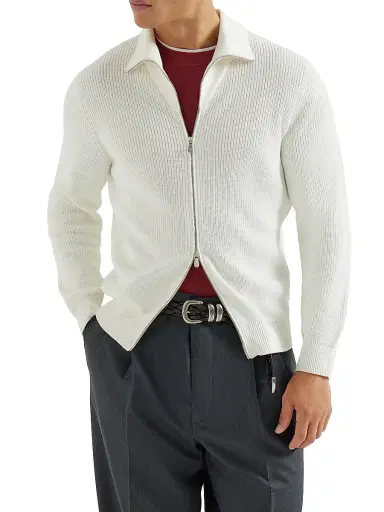 Brunello Cucinelli Men's Cotton Half English Rib Cardigan with Zipper | Thumbnail 2 Brunello Cucinelli Men's Cotton Half English Rib Cardigan with Zipper | Thumbnail 2