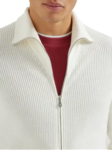 Brunello Cucinelli Men's Cotton Half English Rib Cardigan with Zipper | Thumbnail 4 Brunello Cucinelli Men's Cotton Half English Rib Cardigan with Zipper | Thumbnail 4