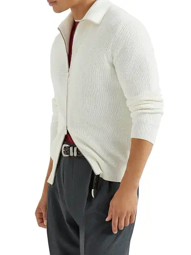 Brunello Cucinelli Men's Cotton Half English Rib Cardigan with Zipper | Thumbnail 5 Brunello Cucinelli Men's Cotton Half English Rib Cardigan with Zipper | Thumbnail 5