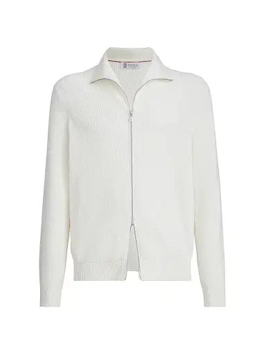 Brunello Cucinelli Men's Cotton Half English Rib Cardigan with Zipper | Thumbnail 1 Brunello Cucinelli Men's Cotton Half English Rib Cardigan with Zipper | Thumbnail 1