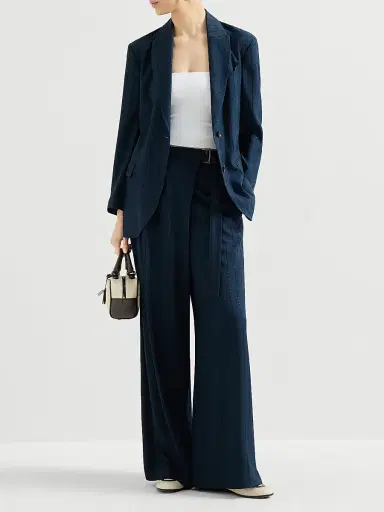 Brunello Cucinelli Women's Dazzling Chalkstripe Sartorial Wrap Trousers with Monili - Blue | Thumbnail 6 Brunello Cucinelli Women's Dazzling Chalkstripe Sartorial Wrap Trousers with Monili - Blue | Thumbnail 6