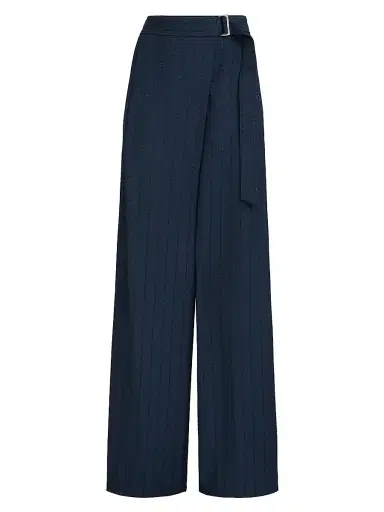 Brunello Cucinelli Women's Dazzling Chalkstripe Sartorial Wrap Trousers with Monili - Blue | Thumbnail 1 Brunello Cucinelli Women's Dazzling Chalkstripe Sartorial Wrap Trousers with Monili - Blue | Thumbnail 1