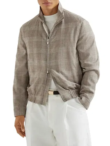 Brunello Cucinelli Men's Wool, Silk and Linen Tartan Outerwear Jacket with Stand Collar - Light Grey | Thumbnail 2 Brunello Cucinelli Men's Wool, Silk and Linen Tartan Outerwear Jacket with Stand Collar - Light Grey | Thumbnail 2